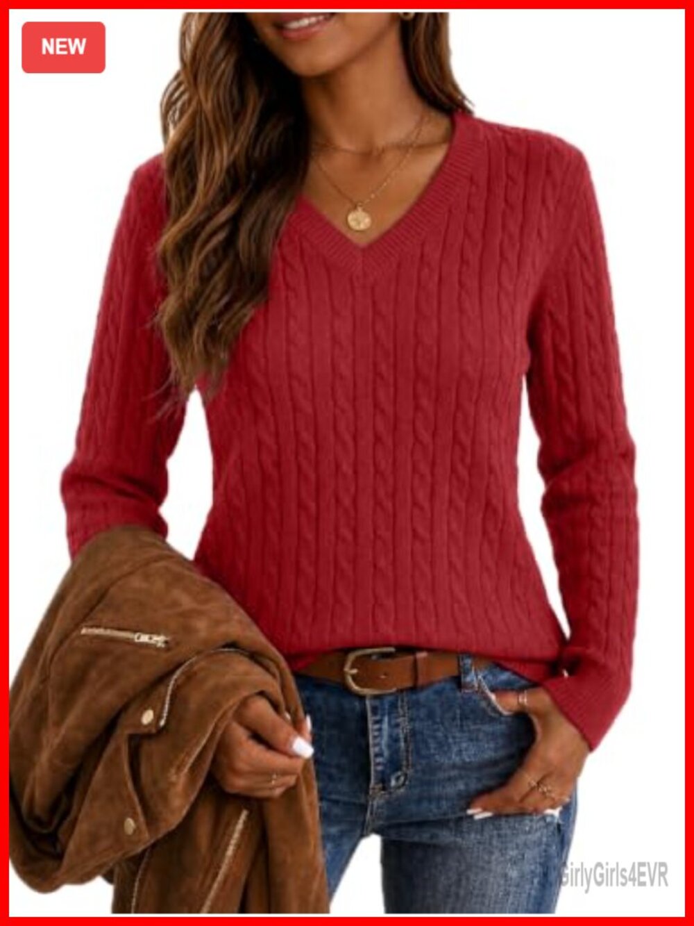 100% Cotton Cable Knit V-Neck Pullover Sweater Fitted Long Sleeve
